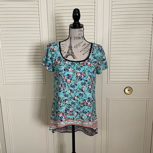 Society girl mint green floral blouse crossed open cut out back